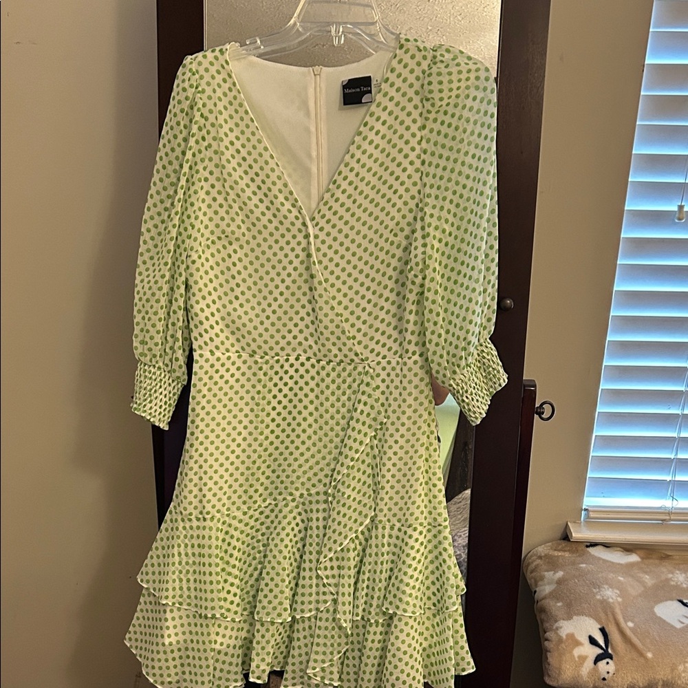 Maison Tara Light Green Polka Dot Wrap Mini Dress